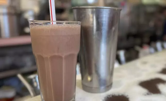 A chocolate milkshake is displayed at the Lexington Avenue Candy Shop Luncheonette in New York on Aug. 7, 2025. (AP Photo/Guido Neira)