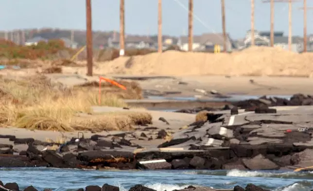 FILE - Waves wash over what remains of N.C. Highway 12 that once linked Hatteras Village, N.C., to the rest of the Outer Banks, Sept. 29, 2003. (AP Photo/Carolyn Kaster, File)
