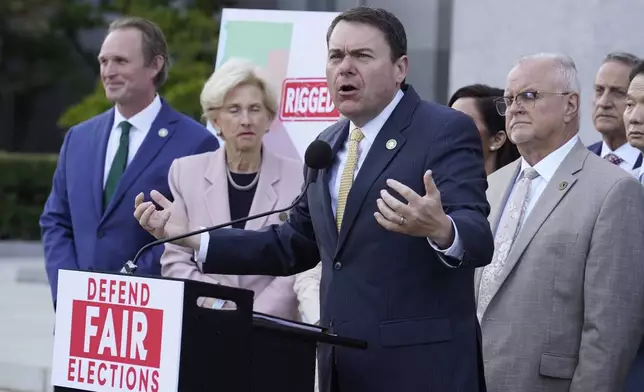 California Assembly member Carl DeMaio, R-Valley Center speaks against a package of measures to redraw the state's Congressional districts and put new maps before voters in a special election, during a news conference in Sacramento, Calif.., Thursday, Aug. 21, 2025. (AP Photo/Rich Pedroncelli)