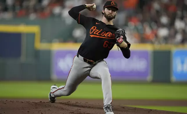 Baltimore Orioles starting pitcher Brandon Young throws during the first inning of a baseball game against the Houston Astros in Houston, Friday, Aug. 15, 2025. (AP Photo/Ashley Landis)