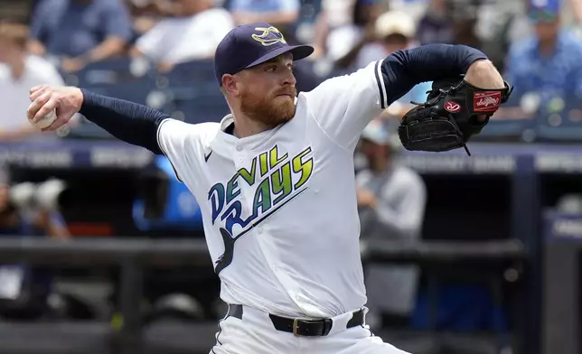 Tampa Bay Rays pitcher Drew Rasmussen delivers to the Los Angeles Dodgers during the third inning of a baseball game Saturday, Aug. 2, 2025, in Tampa, Fla. (AP Photo/Chris O'Meara)