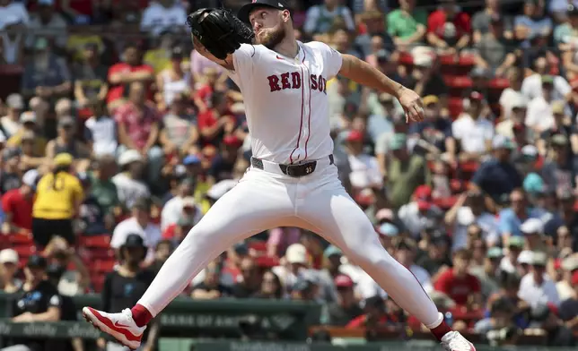 Boston Red Sox pitcher Garrett Crochet in action during a baseball game against the Miami Marlins, Sunday, Aug. 17, 2025, in Boston. (AP Photo/Jim Davis)