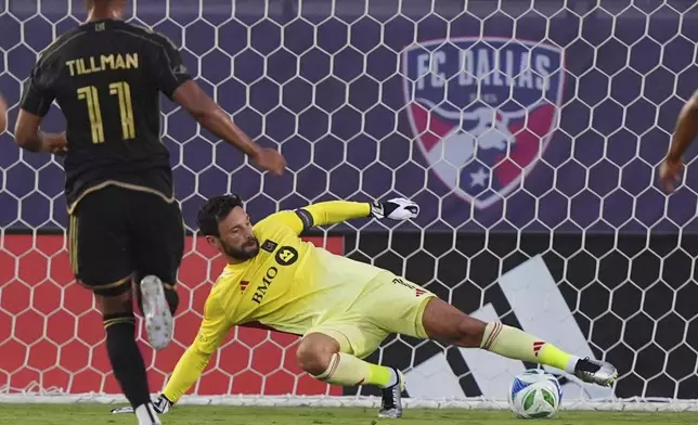 Los Angeles FC goalkeeper Hugo Lloris (1) allows a goal by FC Dallas forward Logan Farrington (not shown) during the first half of an MLS soccer match in Frisco, Texas, Saturday, Aug. 23, 2025. (AP Photo/LM Otero)