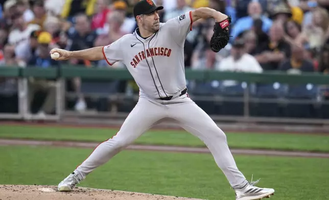 San Francisco Giants pitcher Justin Verlander delivers during the first inning of a baseball game against the Pittsburgh Pirates in Pittsburgh, Monday, Aug. 4, 2025. (AP Photo/Gene J. Puskar)