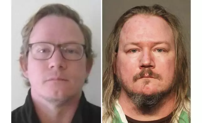 This combination of booking photos provided by the Iowa Department of Corrections and the Polk County, Iowa, Sheriff’s Office shows Sean Gardner, left, after he was arrested for a second drunken driving offense in 2021 and again on Thursday, Aug. 14, 2025, right, after he was arrested on a federal child pornography charge. (Iowa Department of Corrections and Polk County Sheriff’s Office via AP)