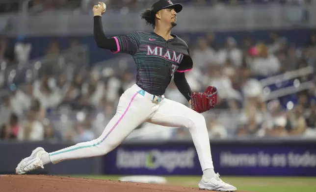 Miami Marlins' pitcher Eury Pérez pitches against the New York Yankees during the first inning of a baseball game, Saturday, Aug. 2, 2025, in Miami. (AP Photo/Jim Rassol)
