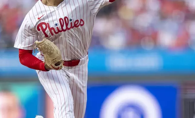 Philadelphia Phillies starting pitcher Jesus Luzardo delivers during the first inning of a baseball game against the Baltimore Orioles, Monday, Aug. 4, 2025, in Philadelphia. (AP Photo/Chris Szagola)