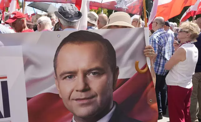 FILE - Supporters of Karol Nawrocki, president elect supported by Poland's right-wing Law and Justice (PiS) party, gather in front of the Supreme Court building in Warsaw, Poland, Tuesday, July 1, 2025. (AP Photo/Czarek Sokolowski, File)