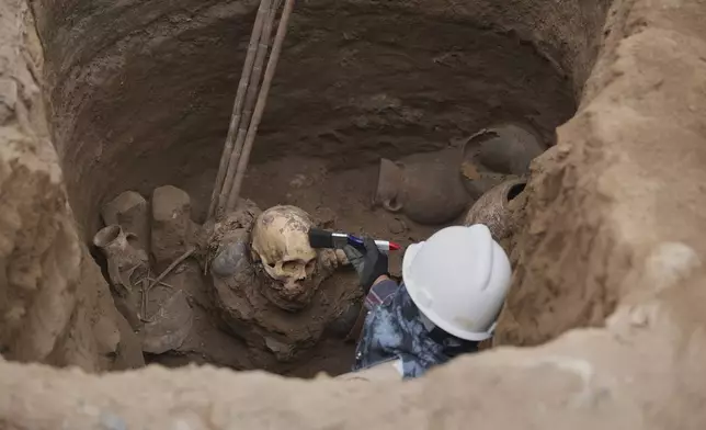 Archaeologist Jose Aliaga works at the site where city workers discovered ancient remains, from the pre-Inca Chancay culture, and artifacts as workers were digging a natural gas line for the company Calidda in the district of Puente Piedra on the outskirts of Lima, Peru, Thursday, July 31, 2025. (AP Photo/Guadalupe Pardo)