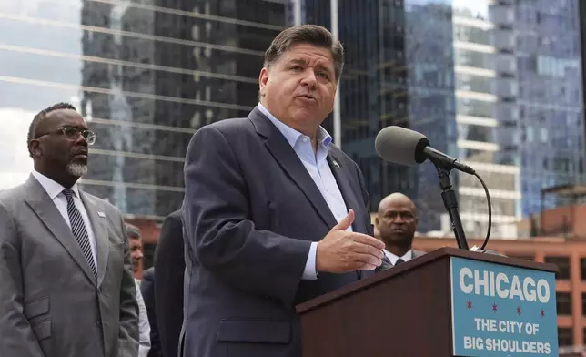 Illinois Governor JB Pritzker speaks during a news conference at River Point Park, Monday, Aug.. 25, 2025, in Chicago. (AP Photo/Nam Y. Huh)
