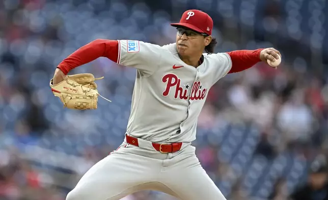 Philadelphia Phillies pitcher Jesús Luzardo throws during the second inning of a baseball game against the Washington Nationals, Thursday, Aug. 14, 2025, in Washington. (AP Photo/Terrance Williams)