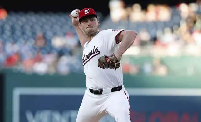 Washington Nationals pitcher Brad Lord throws during the first inning of a baseball game against the Philadelphia Phillies, Thursday, Aug. 14, 2025, in Washington. (AP Photo/Terrance Williams)