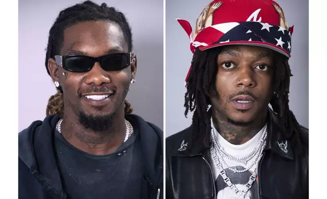 This combination of images shows Offset, left, and JID during a portrait session on Tuesday, Aug. 5, 2025, in New York. (Photo by Andy Kropa/Invision/AP)