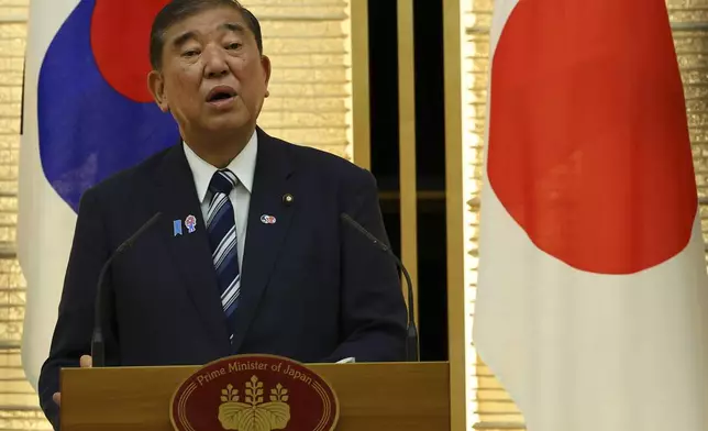 Japan's Prime Minister Shigeru Ishiba speaks at joint press announcement with South Korean President Lee Jae Myung (not in the picture) after the summit in Tokyo, Saturday, Aug. 23, 2025. (Kim Kyung-Hoon/Pool Photo via AP)
