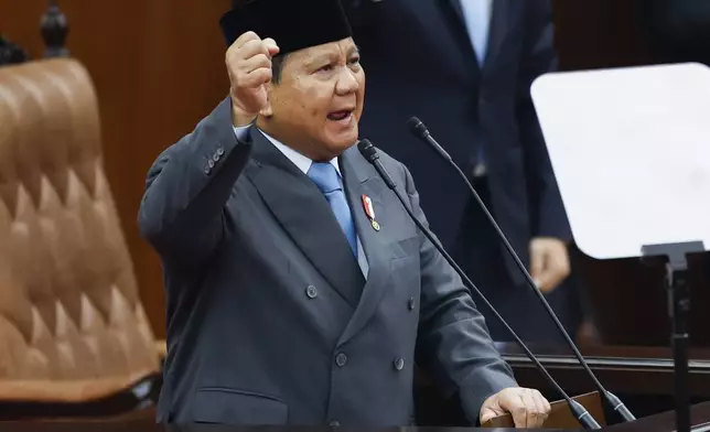 Indonesian President Prabowo Subianto delivers his annual State of the Nation Address ahead of the country's Independence Day, in Jakarta, Indonesia, Monday, Aug. 15, 2025. (Ajeng Dinar Ulfiana/Pool Photo via AP)