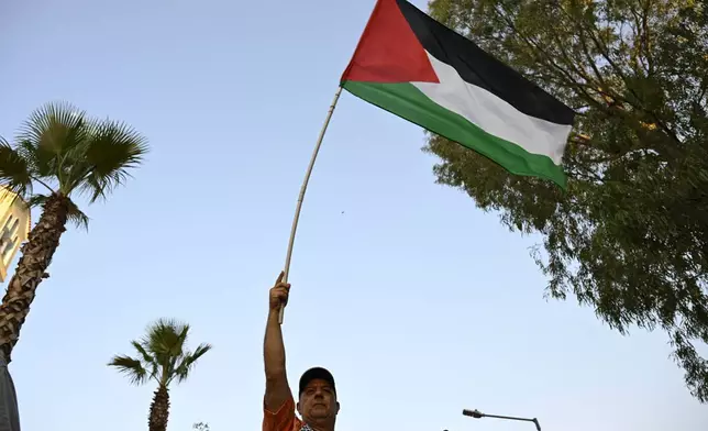 A protester waves a Palestinian flag during a rally to protest the arrival of a cruise ship with Israelis, in Piraeus port, Greece, Thursday, Aug. 14, 2025. (AP Photo/Michael Varaklas)