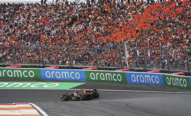McLaren driver Oscar Piastri of Australia in action during the Formula One Dutch Grand Prix in Zandvoort, Netherlands, Sunday, Aug. 31, 2025. (AP Photo/Peter Dejong)