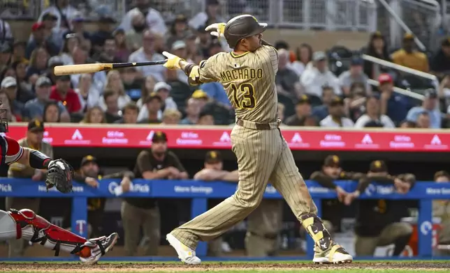 San Diego Padres' Manny Machado hits an RBI single off Minnesota Twins pitcher Mick Abel during the seventh inning of a baseball game Saturday, Aug. 30, 2025, in Minneapolis. (AP Photo/Craig Lassig)