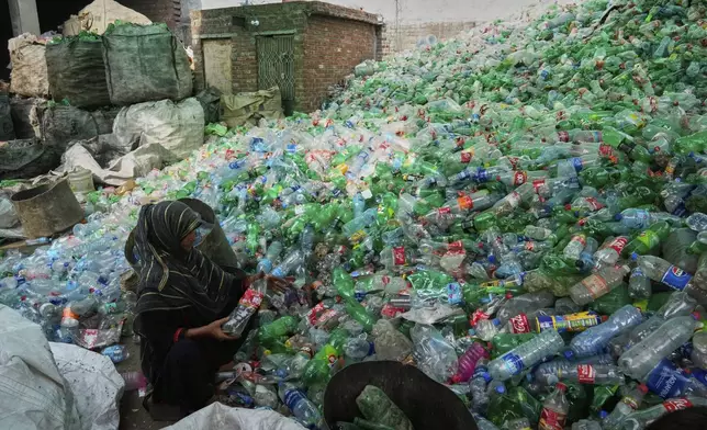 A female worker sorts through empty bottles at a plastic recycling factory in Lahore, Pakistan, Thursday, Aug. 7, 2025. (AP Photo/K.M. Chaudary)