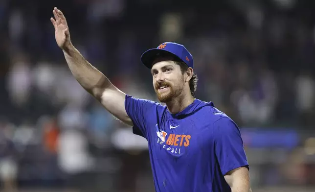 New York Mets pitcher Nolan McLean reacts after defeating the Philadelphia Phillies during a baseball game, Wednesday, Aug. 27, 2025, in New York. (AP Photo/Pamela Smith)