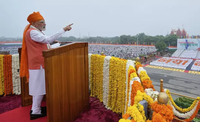 Indian Prime Minister Narendra Modi addresses the nation from the rampart of the 17th century Mughal-era Red Fort monument during the country's Independence Day celebrations in New Delhi, India, Friday, Aug. 15, 2025. (AP Photo/Manish Swarup)