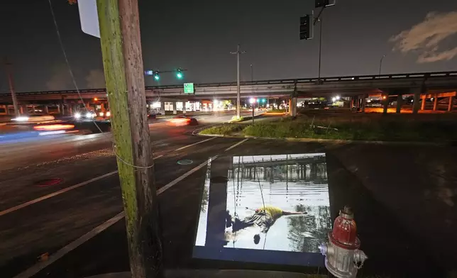 This photo showing the body of a flood victim tied to a telephone pole in the aftermath of Hurricane Katrina in New Orleans, taken by AP photographer Steven Senne, is projected Monday, Aug. 18, 2025, onto the same spot the original photo was taken. (AP Photo/Gerald Herbert)