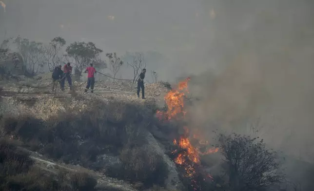 FILE - Residents try to extinguish a blaze in Omodos village, Cyprus, during a wildfire on the southern side of the east Mediterranean island nation's Troodos mountain range, July 24, 2025. (AP Photo/Petros Karadjias, File)