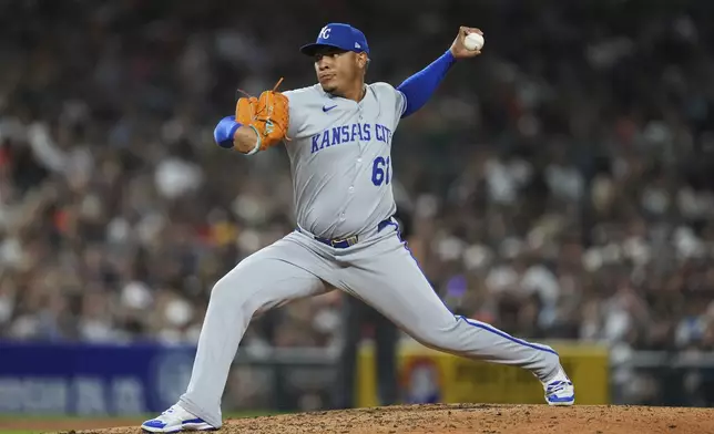 Kansas City Royals pitcher Angel Zerpa throws against the Detroit Tigers in the sixth inning during a baseball game Friday, Aug. 22, 2025, in Detroit. (AP Photo/Paul Sancya)