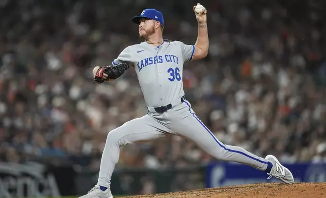 Kansas City Royals pitcher Bailey Falter throws against the Detroit Tigers in the seventh inning during a baseball game Friday, Aug. 22, 2025, in Detroit. (AP Photo/Paul Sancya)