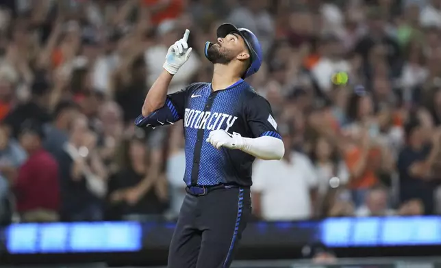 Detroit Tigers' Riley Greene celebrates his two-run home run against the Kansas City Royals in the sixth inning during a baseball game Friday, Aug. 22, 2025, in Detroit. (AP Photo/Paul Sancya)