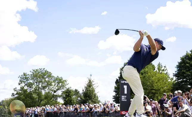Paul Casey, of Crushers GC. hits from the first tee during the final round of LIV Golf Team Championship Michigan at The Cardinal at Saint John's, Sunday, Aug. 24, 2025, in Plymouth, Mich. (Pedro Salado/LIV Golf via AP)