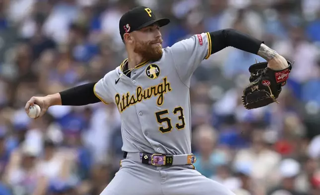Pittsburgh Pirates starter Mike Burrows delivers a pitch during the first inning of a baseball game against the Chicago Cubs, Saturday, Aug. 16, 2025, in Chicago. (AP Photo/Paul Beaty)