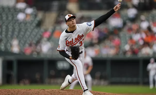 Baltimore Orioles starting pitcher Cade Povich (37) delivers during the third inning of a baseball game against the Boston Red Sox, Thursday, Aug. 28, 2025, in Baltimore. (AP Photo/Stephanie Scarbrough)