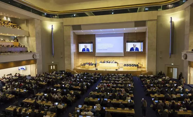 Chair of the International Negotiating Committee Luis Vayas Valdivieso delivers his opening remarks, during the second part of the fifth Session of the Intergovernmental Negotiating Committee on Plastic Pollution, at the European headquarters of the United Nations in Geneva, Switzerland, Tuesday, Aug. 5, 2025. (Salvatore Di Nolfi/Keystone via AP)