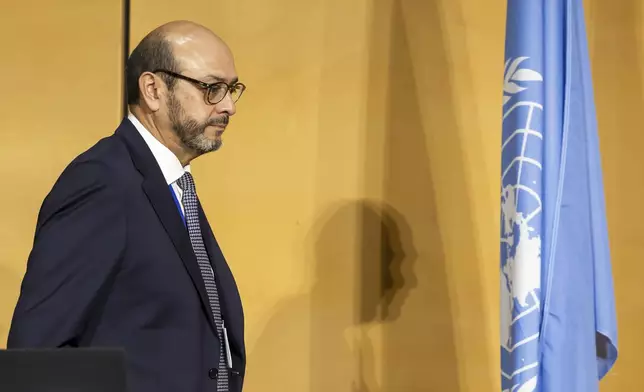 Chair of the International Negotiating Committee Luis Vayas Valdivieso arrives for the start of the second part of the fifth session of the Intergovernmental Negotiating Committee on Plastic Pollution, at the European headquarters of the United Nations in Geneva, Switzerland, Tuesday, Aug. 5, 2025. (Salvatore Di Nolfi/Keystone via AP)