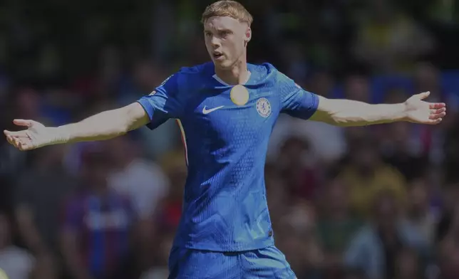 Chelsea's Cole Palmer reacts during the Premier League soccer match between Chelsea and Crystal Palace in London, Sunday, Aug. 17, 2025. (AP Photo/Dave Shopland)