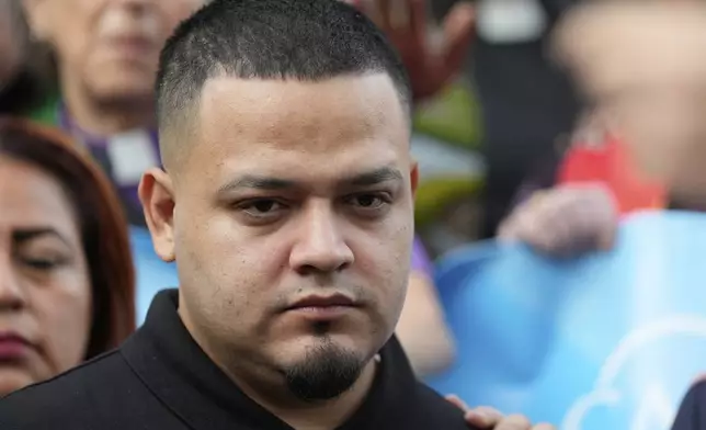 Kilmar Abrego Garcia attends a protest rally at the Immigration and Customs Enforcement field office in Baltimore, Monday, Aug. 25, 2025, to support Abrego Garcia. (AP Photo/Stephanie Scarbrough)