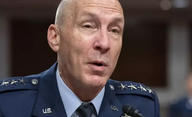 FILE - Gen. David Allvin testifies during a Senate Armed Services Committee nominations hearing on his reappointment to the grade of General and to be U.S. Air Force Chief of Staff, Sept. 12, 2023, on Capitol Hill in Washington. (AP Photo/Jacquelyn Martin, File)