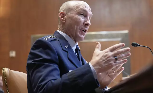 FILE - Air Force Chief of Staff General David Allvin testifies during a Senate Committee on Appropriations subcommittee hearing to examine proposed budget estimates for fiscal year 2026 for the Air Force and Space Force on Capitol Hill, June 26, 2025, in Washington. (AP Photo/Mariam Zuhaib, FILE)