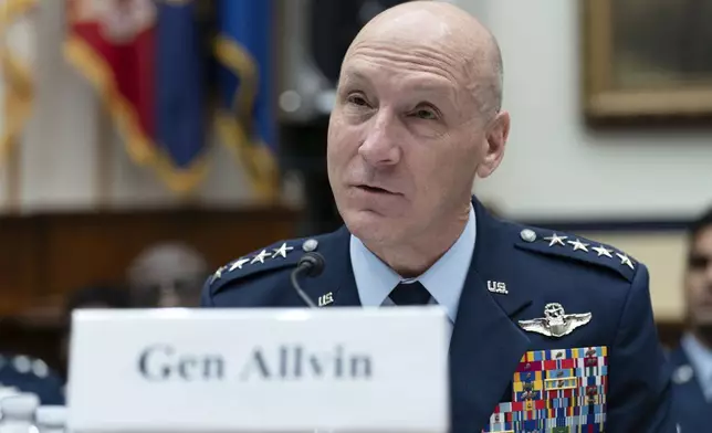 FILE - Air Force Chief of Staff Gen. David Allvin testifies before the House Committee on Armed Services hearing on the Department of the Air Force Fiscal Year 2026 Posture on Capitol Hill in Washington, June 5, 2025. (AP Photo/Jose Luis Magana, File)
