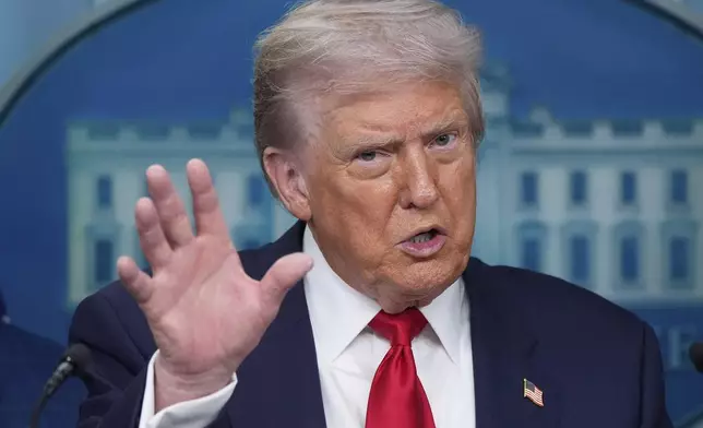 President Donald Trump speaks with reporters in the James Brady Press Briefing Room at the White House, Monday, Aug. 11, 2025, in Washington. (AP Photo/Alex Brandon)