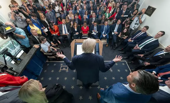 President Donald Trump speaks with reporters in the James Brady Press Briefing Room at the White House, Monday, Aug. 11, 2025, in Washington. (AP Photo/Alex Brandon)