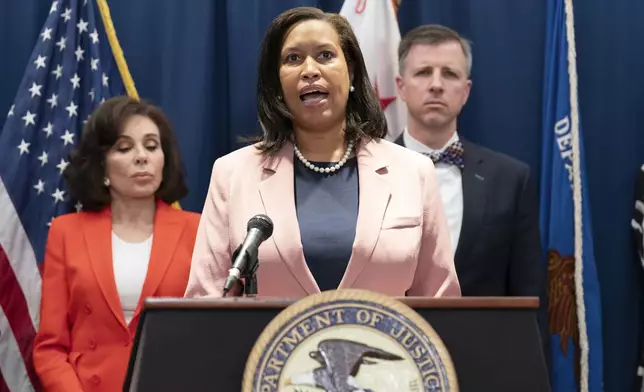FILE - Mayor of the District of Columbia Muriel Bowser speaks as U.S. Attorney Jeanine Ferris Pirro, left, listens during a news conference in Washington, May 22, 2025. (AP Photo/Jose Luis Magana, File)
