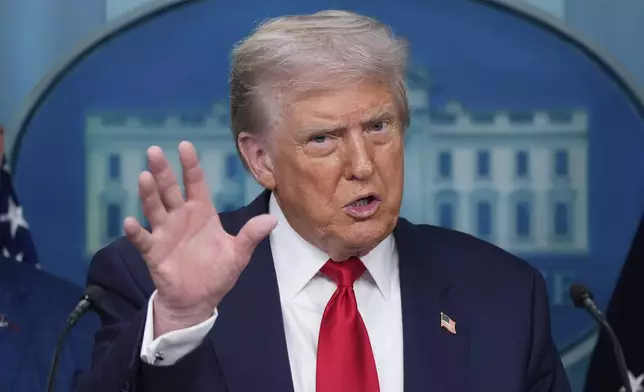 President Donald Trump speaks with reporters in the James Brady Press Briefing Room at the White House, Monday, Aug. 11, 2025, in Washington. (AP Photo/Alex Brandon)