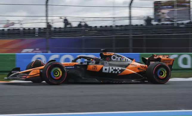 McLaren driver Oscar Piastri of Australia in action during the second practice for the Formula One Dutch Grand Prix in Zandvoort, Netherlands, Friday, Aug. 29, 2025. (AP Photo/Patrick Post)