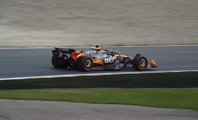 McLaren driver Lando Norris of Britain in action during the second practice for the Formula One Dutch Grand Prix in Zandvoort, Netherlands, Friday, Aug. 29, 2025. (AP Photo/Peter Dejong)