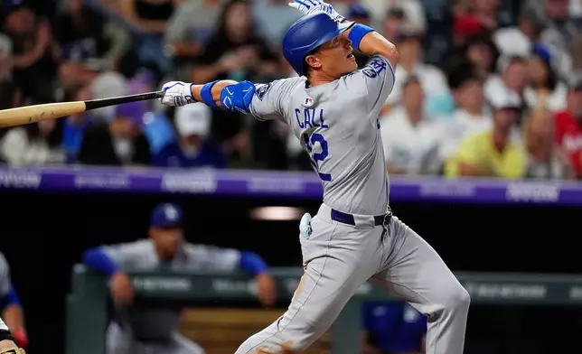 Los Angeles Dodgers' Alex Call doubles off Colorado Rockies relief pitcher Anthony Molina in the fifth inning of a baseball game Tuesday, Aug. 19, 2025, in Denver. (AP Photo/David Zalubowski)