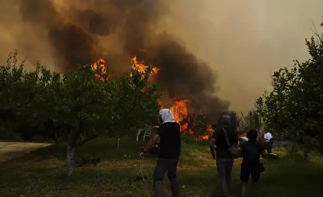 People try to control a wildfire in Vounteni, on the outskirts of Patras, western Greece, Wednesday, Aug. 13, 2025. (AP Photo/Thanassis Stavrakis)
