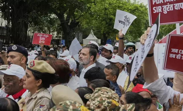 Congress party leader and leader of opposition Rahul Gandhi, center, and other parties lawmakers are stopped by police during a protest calling for the rollback of a controversial revision of the voter list in one of the country’s poorest states where key elections are scheduled in November, in New Delhi, India, Monday, Aug. 11, 2025. (AP Photo/Manish Swarup)