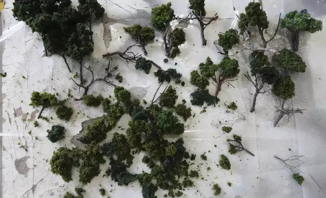 Miniature trees are constructed at a workshop in Pilar, Argentina, Wednesday, June 25, 2025. (AP Photo/Natacha Pisarenko)